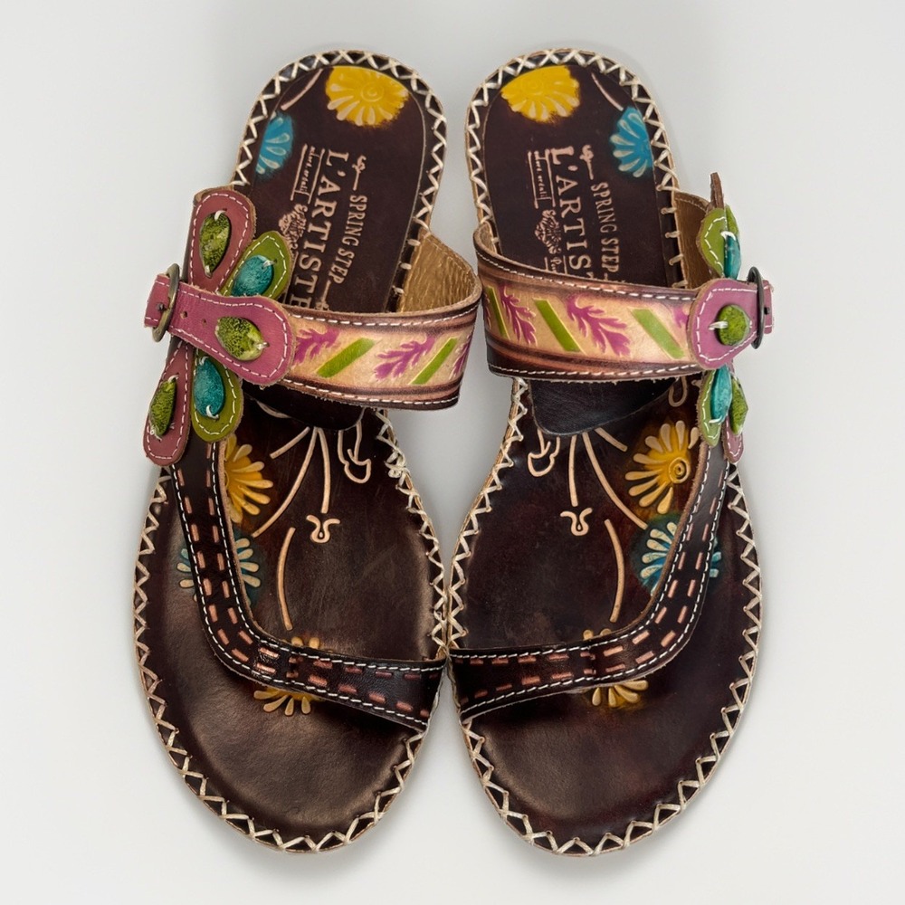 Spring Step L'Artiste New Santorini Sandals Womens 6.5 Brown Leather Floral Boho